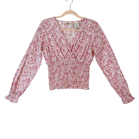 Y2K Faded Glory Top Sz S Pink Ditsy Floral Cottage Smocked Surplice Ruffle - Picture 1 of 6